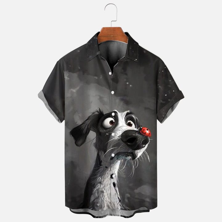 Men's Cartoon Dog Ladybug Fun Print Short Sleeve Shirt