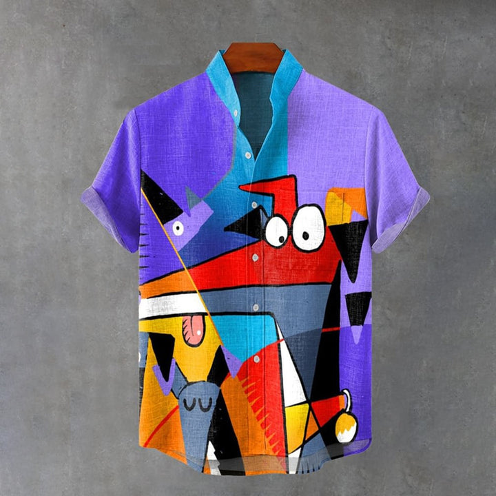 Abstract Color Block Stitching Cartoon Dogs Printing Short Sleeve Shirt