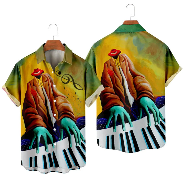 Men's Piano Fans Graphic Print Short Sleeves Shirt