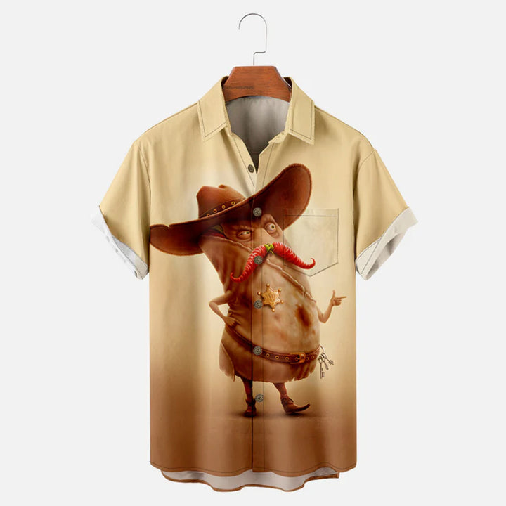 Men's Burrito Cowboy with Chili Moustache Short Sleeve Shirt