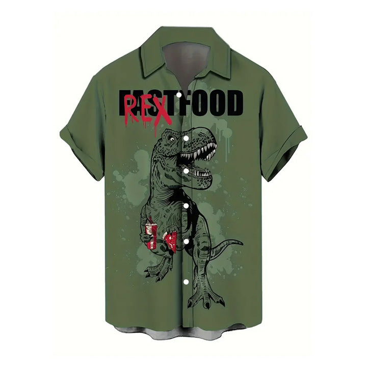 Men's 3D T-Rex Funny Graphic Print Short Sleeve Button Up Lapel Shirt