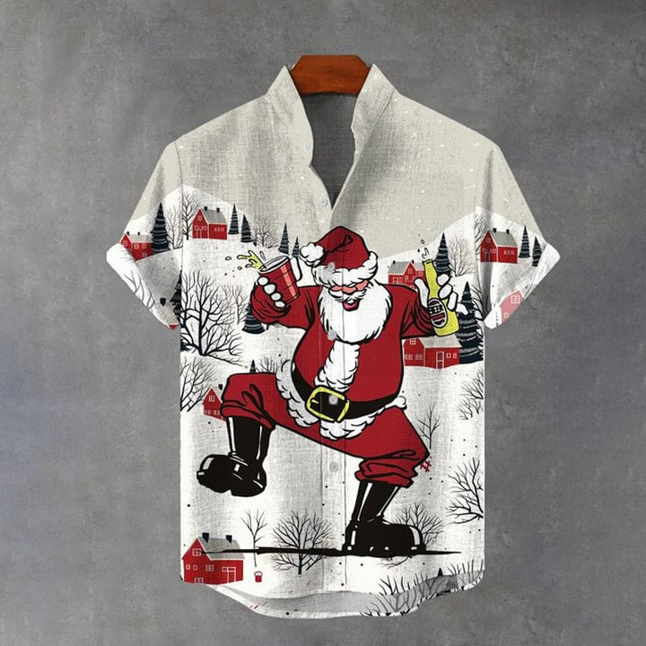 Drunk Giant Santa Printing Cotton Linen Short Sleeve Shirt