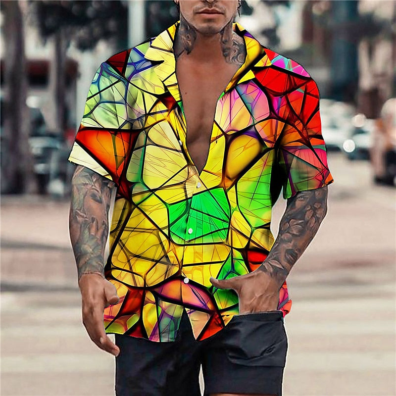 Men's Novelty 3D Geometric Pattern Print Short Sleeve Lapel Shirt