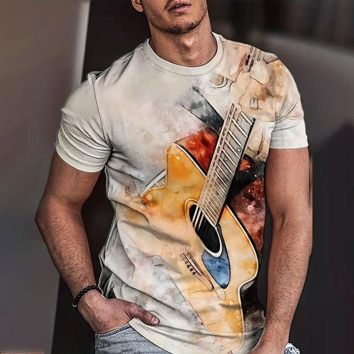 Men's Crew Neck Guitar Print Short Sleeve Sports T-shirt