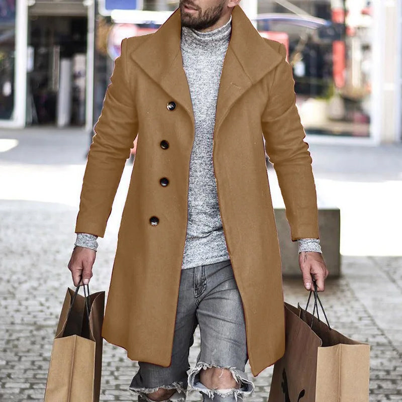 Men's solid color casual long woolen coat