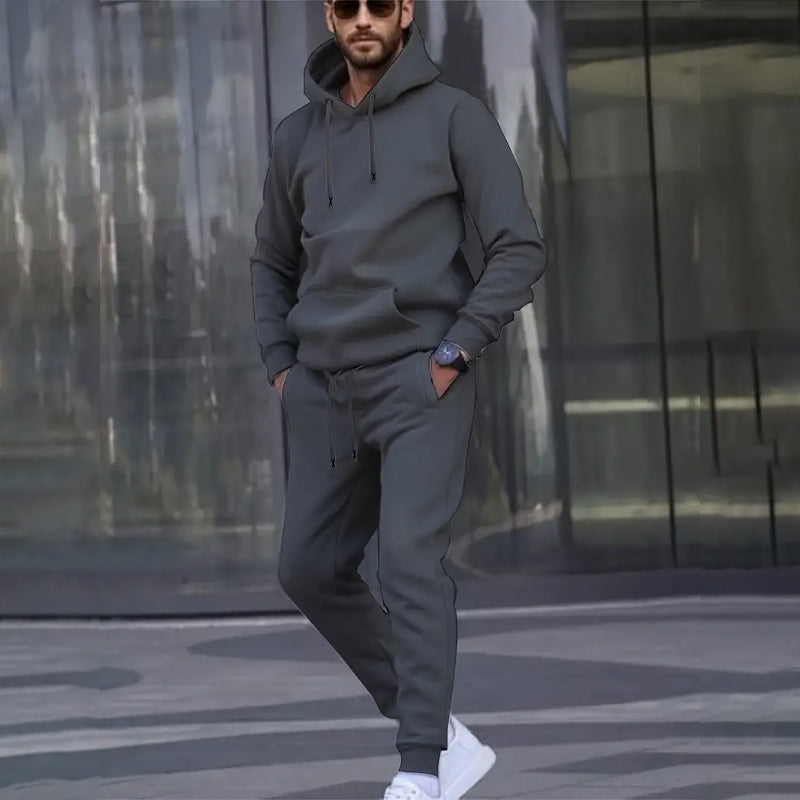 Men's Casual Solid Color Hooded Long-sleeved Set