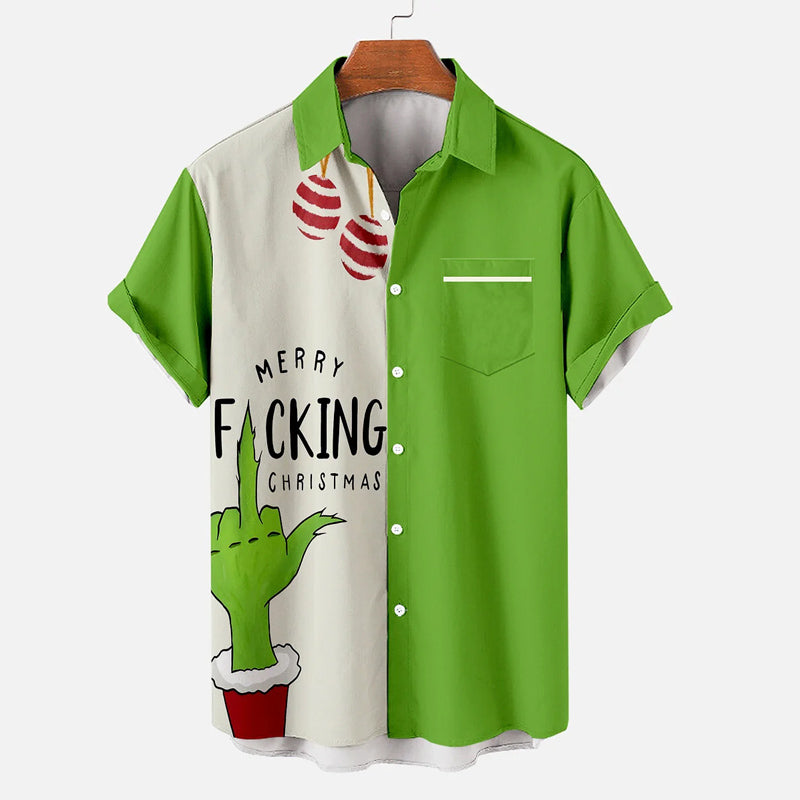 Men's Green Monster Christmas Slogan Contrast Pattern Short Sleeve Shirt