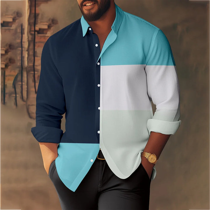 Men's Geometric Casual Colorblock Long Sleeve Shirt