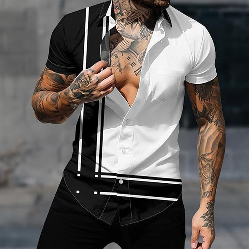 Men's casual contrast color short-sleeved lapel shirt