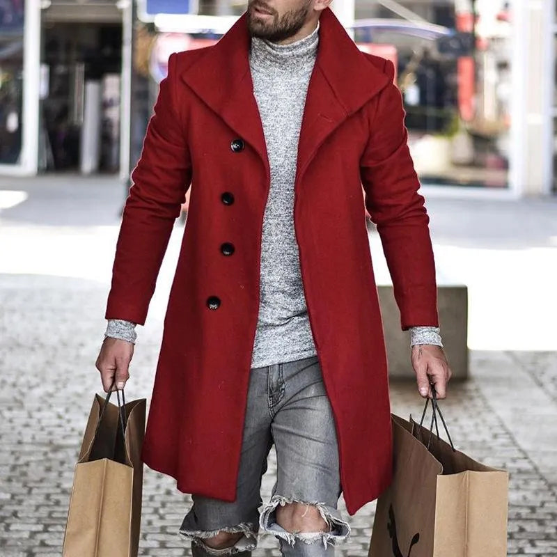 Men's solid color casual long woolen coat