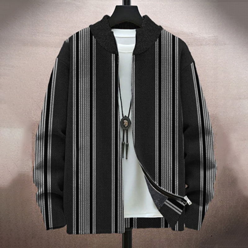 Men's Vintage Basics Stripes Print Long-Sleeved Zip Cardigan Jacket