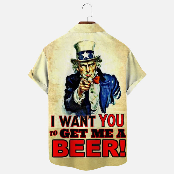 Gimme a Beer Uncle Sam Fun Printed Casual Short Sleeve Shirt