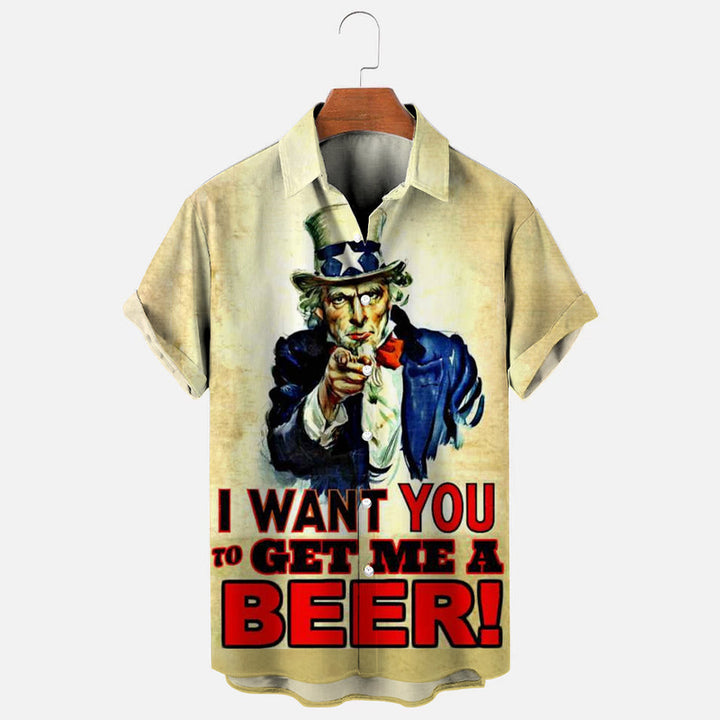 Gimme a Beer Uncle Sam Fun Printed Casual Short Sleeve Shirt