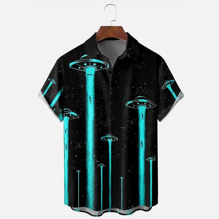 UFO Steal People Print Chest Pocket Casual Short Sleeve Shirt