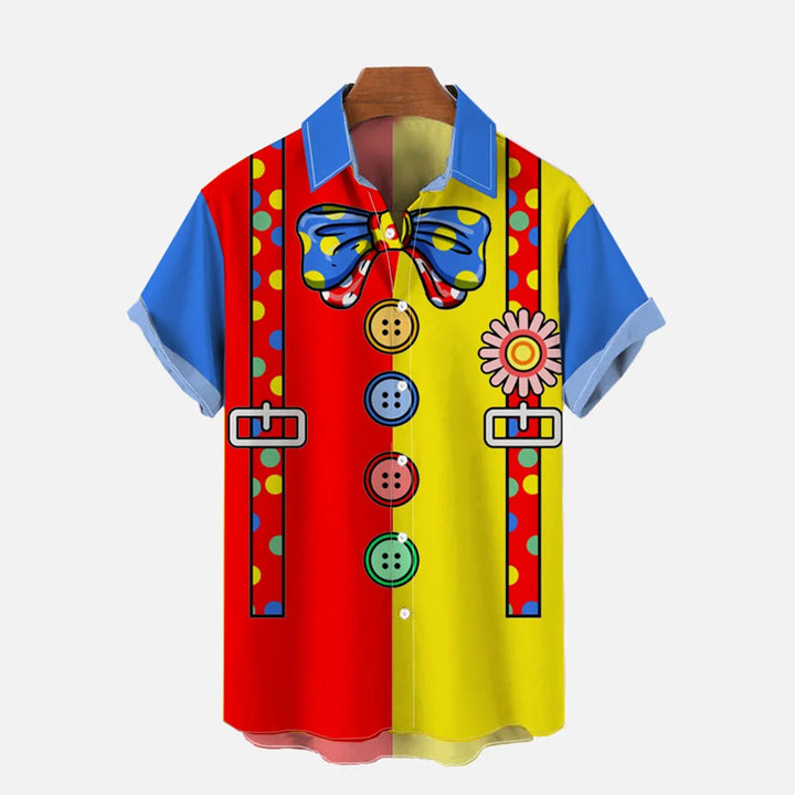 Yellow And Red Stitching Clown Suspenders Costume Printing Shirt