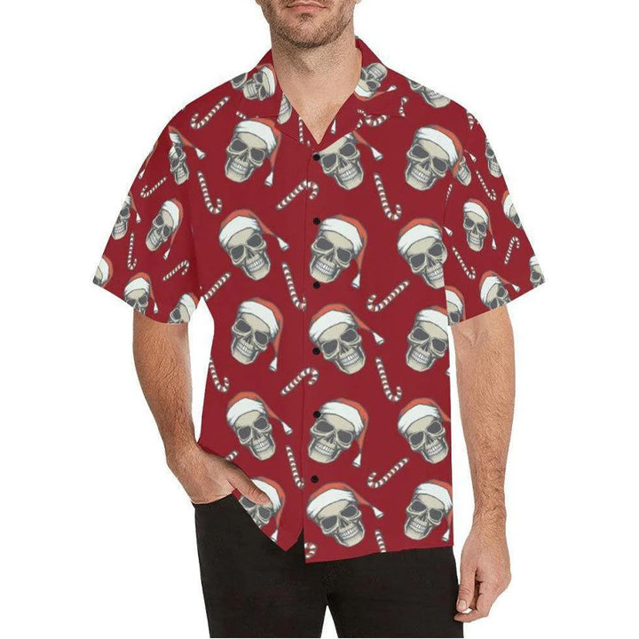 Men's Christmas hat skull print short sleeve shirt