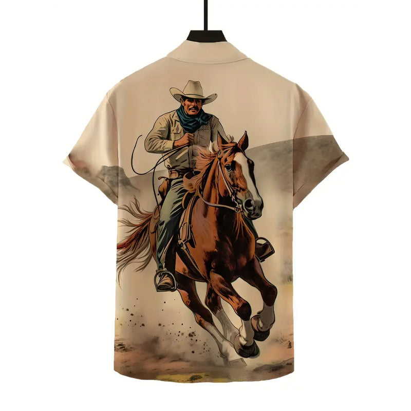 Men's Western Cowboy Anime Print Short Sleeve Shirt