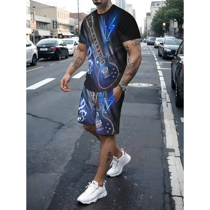 Men's 3D Guitar Pattern Print Summer Outfit 2-piece Set