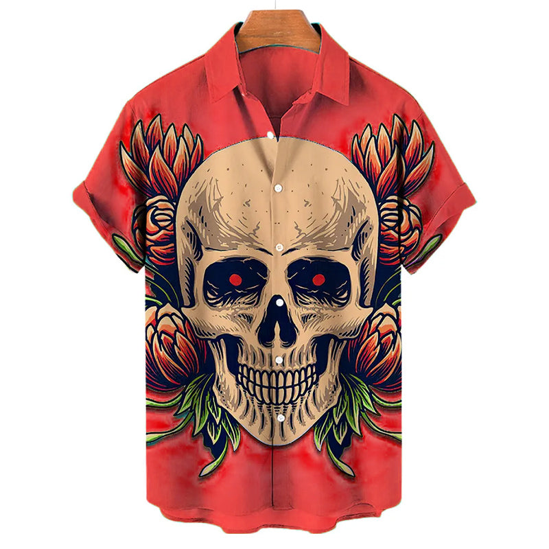 Men Fashion 3D Print Skull Lapel Short Sleeve Shirt