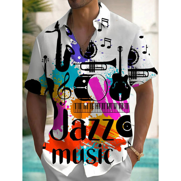 Retro Musical Jazz 3D Print Men's Button Pocket Short Sleeve Shirt 2410001897