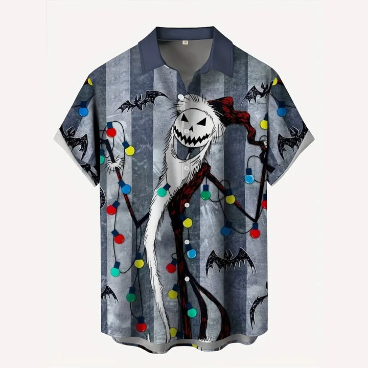 Men's Striped Halloween Bat & Smile Print Short-Sleeve Shirt