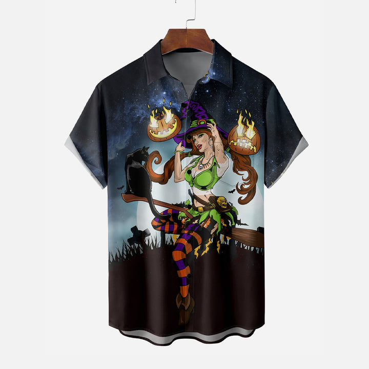 Men's Halloween print button short-sleeved shirt