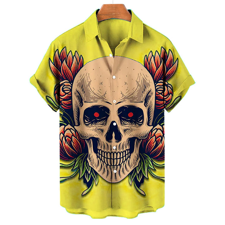 Men Fashion 3D Print Skull Lapel Short Sleeve Shirt