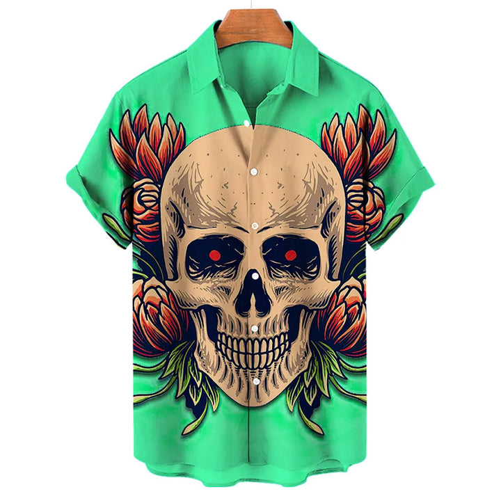 Men Fashion 3D Print Skull Lapel Short Sleeve Shirt