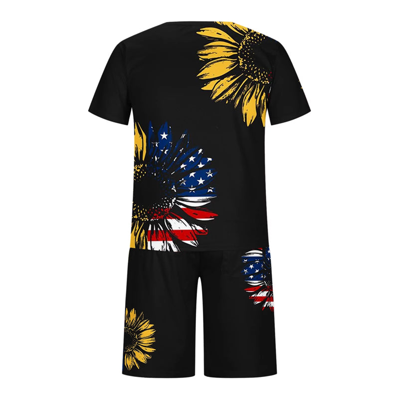 Mens Patriotic Printed T-shirt and Shorts Set 2 Piece Outfits