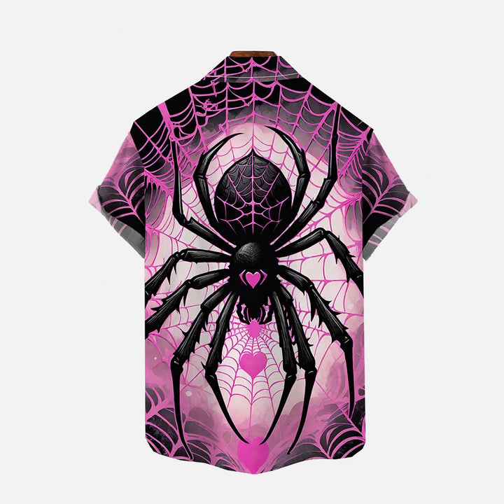 Valentine's Day Pink Spider Web and Spider Print Short Sleeve Shirt