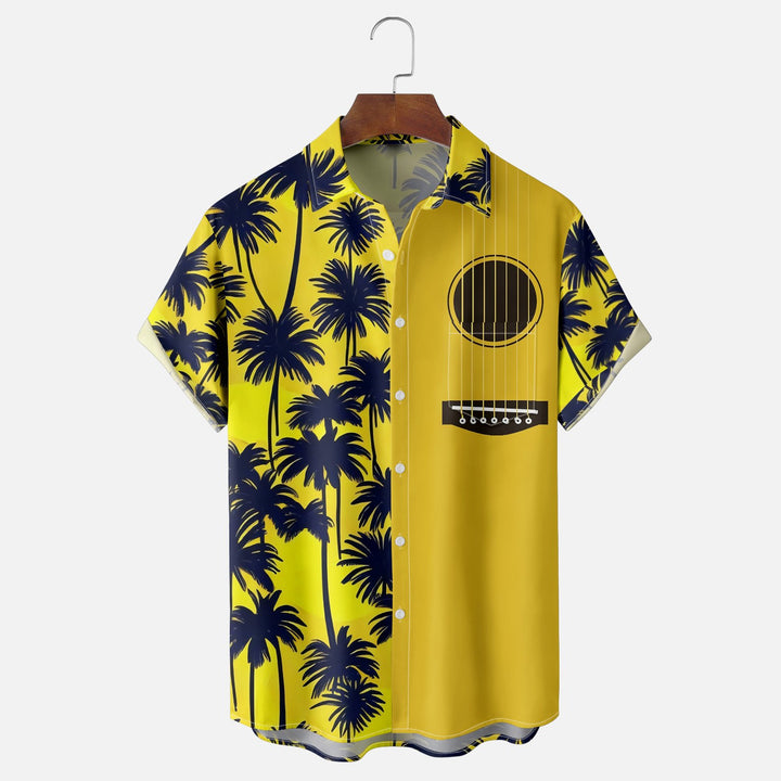 Hawaiian Tropic Coconut Tree Guitar Chest Pocket Casual Shirt