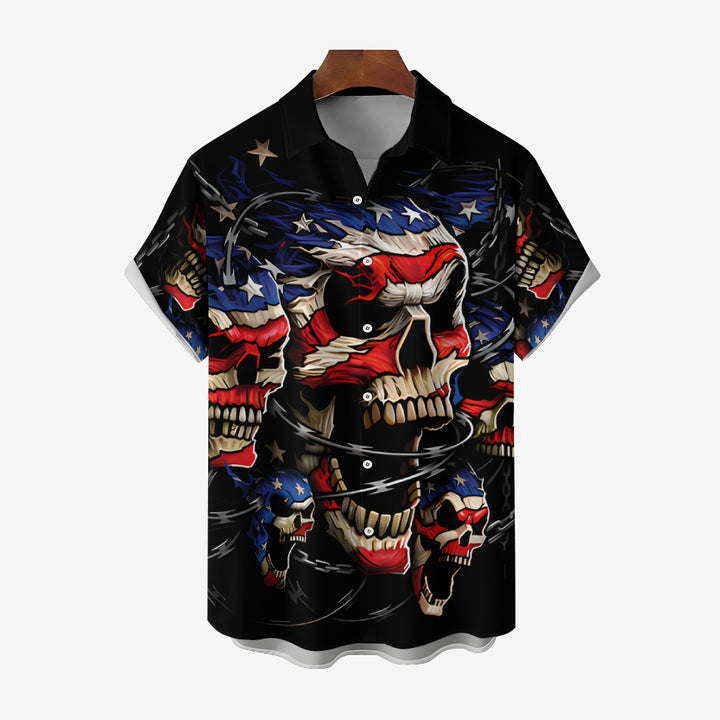 American Flag Skull And Chain Print Casual Short Sleeve Shirt 2408011139