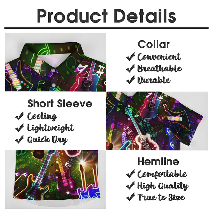 Guitar Print Trendy Lapel Button Short Sleeve Shirt 2409002047