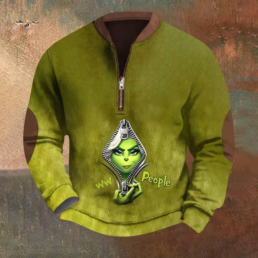 Men's Christmas Cartoon Green Monster Zipper Neck Casual Sweatshirt 2411013067