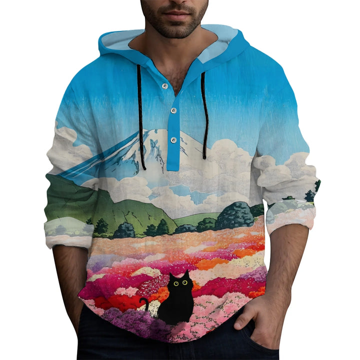 Mount Fuji Landscape Cat Print Linen Blend Hoodie 2409003477