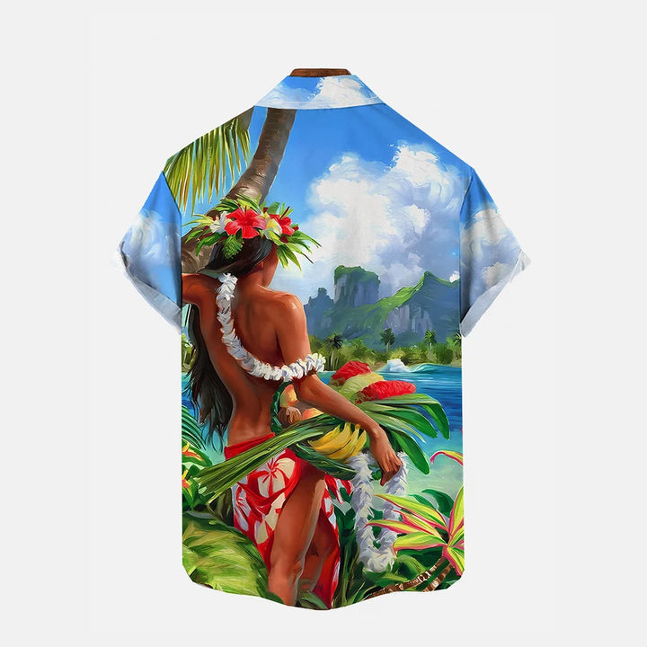 Hawaii Tropical Exotic Hula Girl Printing Breast Pocket Short Sleeve Shirt