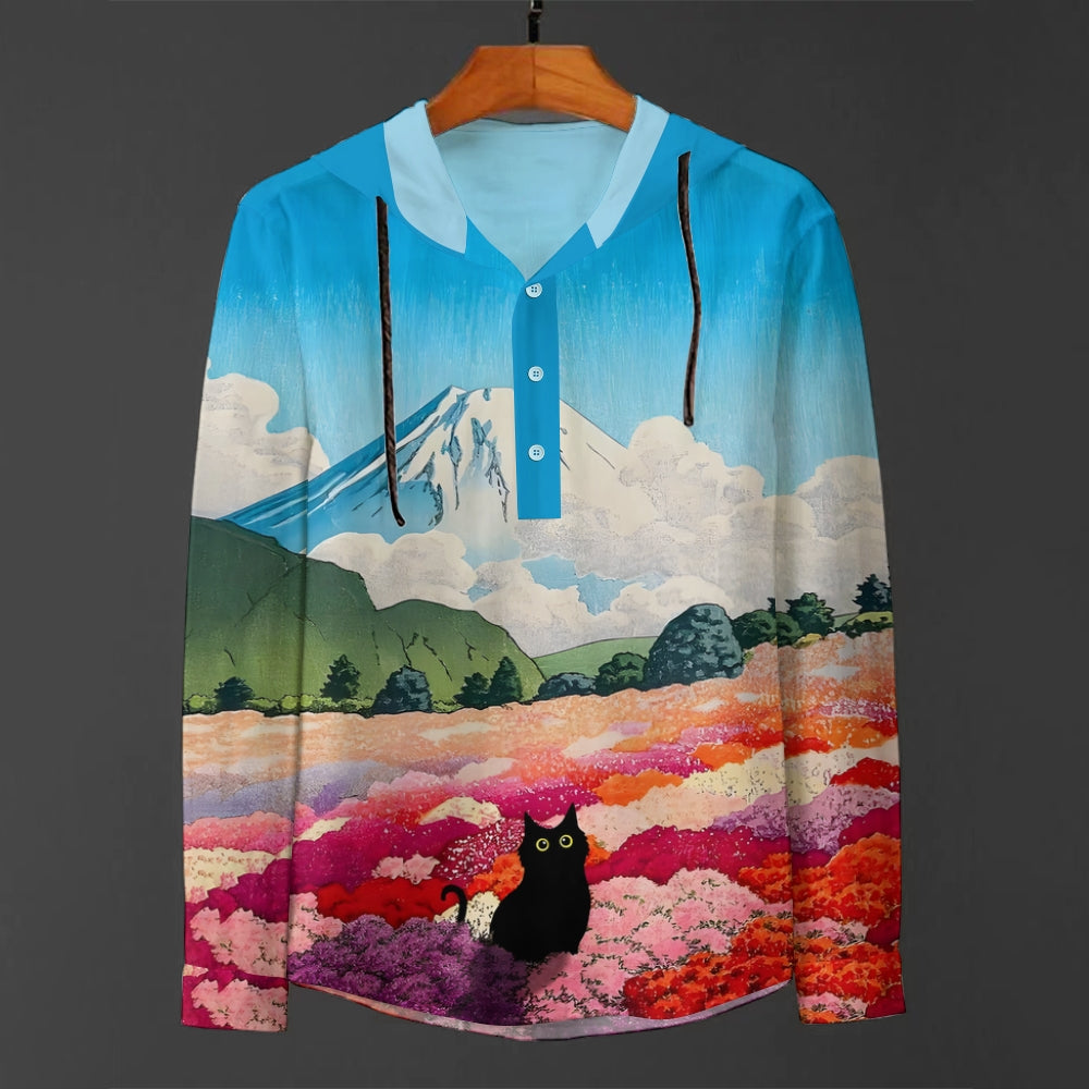 Mount Fuji Landscape Cat Print Linen Blend Hoodie 2409003477