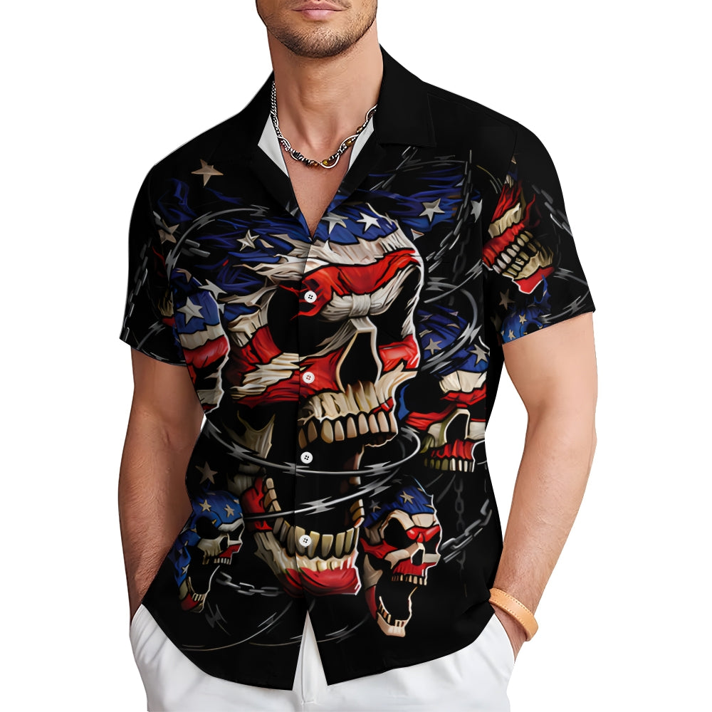 American Flag Skull And Chain Print Casual Short Sleeve Shirt 2408011139