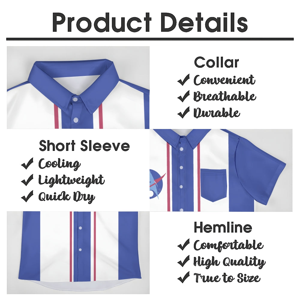 Retro Blue And White Striped Space Star Logo Printing Short Sleeve Shirt 2409003512