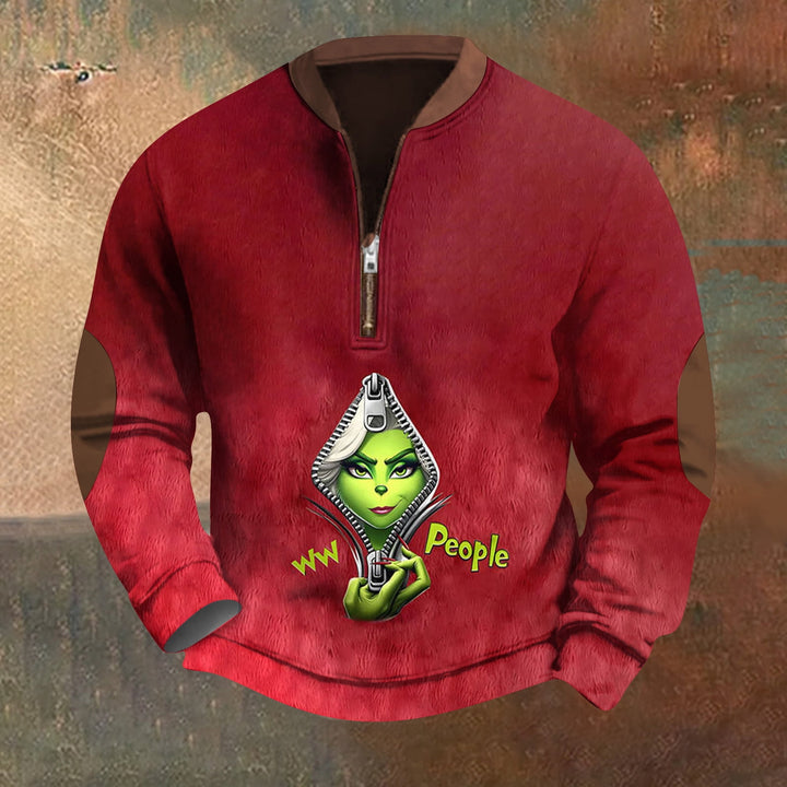 Men's Christmas Cartoon Green Monster Zipper Neck Casual Sweatshirt 2411013067