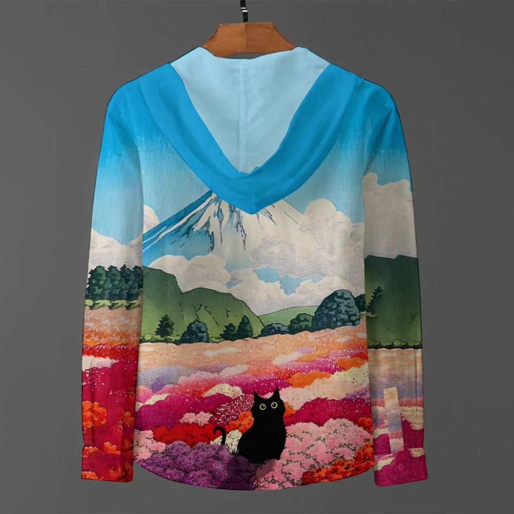 Mount Fuji Landscape Cat Print Linen Blend Hoodie 2409003477