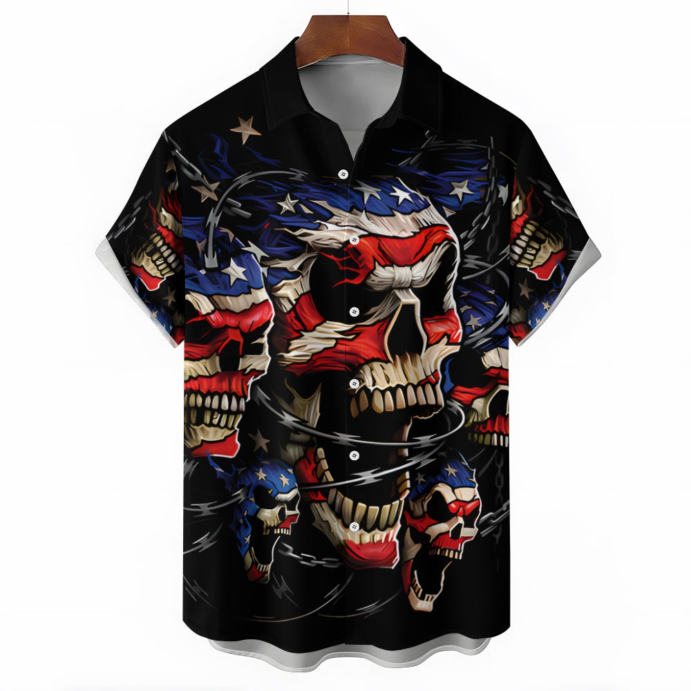 American Flag Skull And Chain Print Casual Short Sleeve Shirt 2408011139