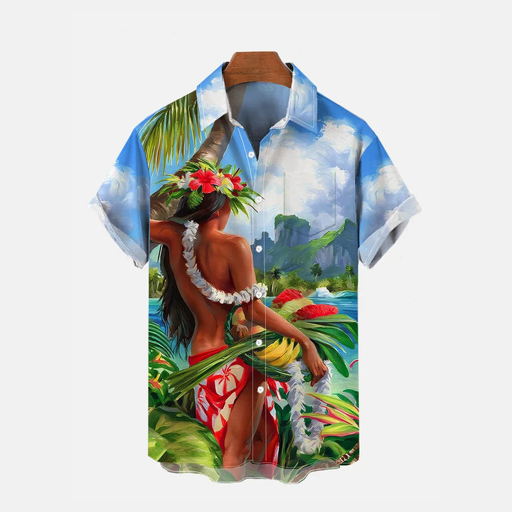 Hawaii Tropical Exotic Hula Girl Printing Breast Pocket Short Sleeve Shirt