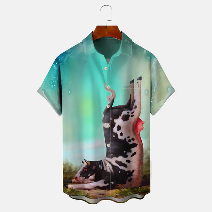 Animal Cow Button Pocket Casual Short Sleeve Shirt