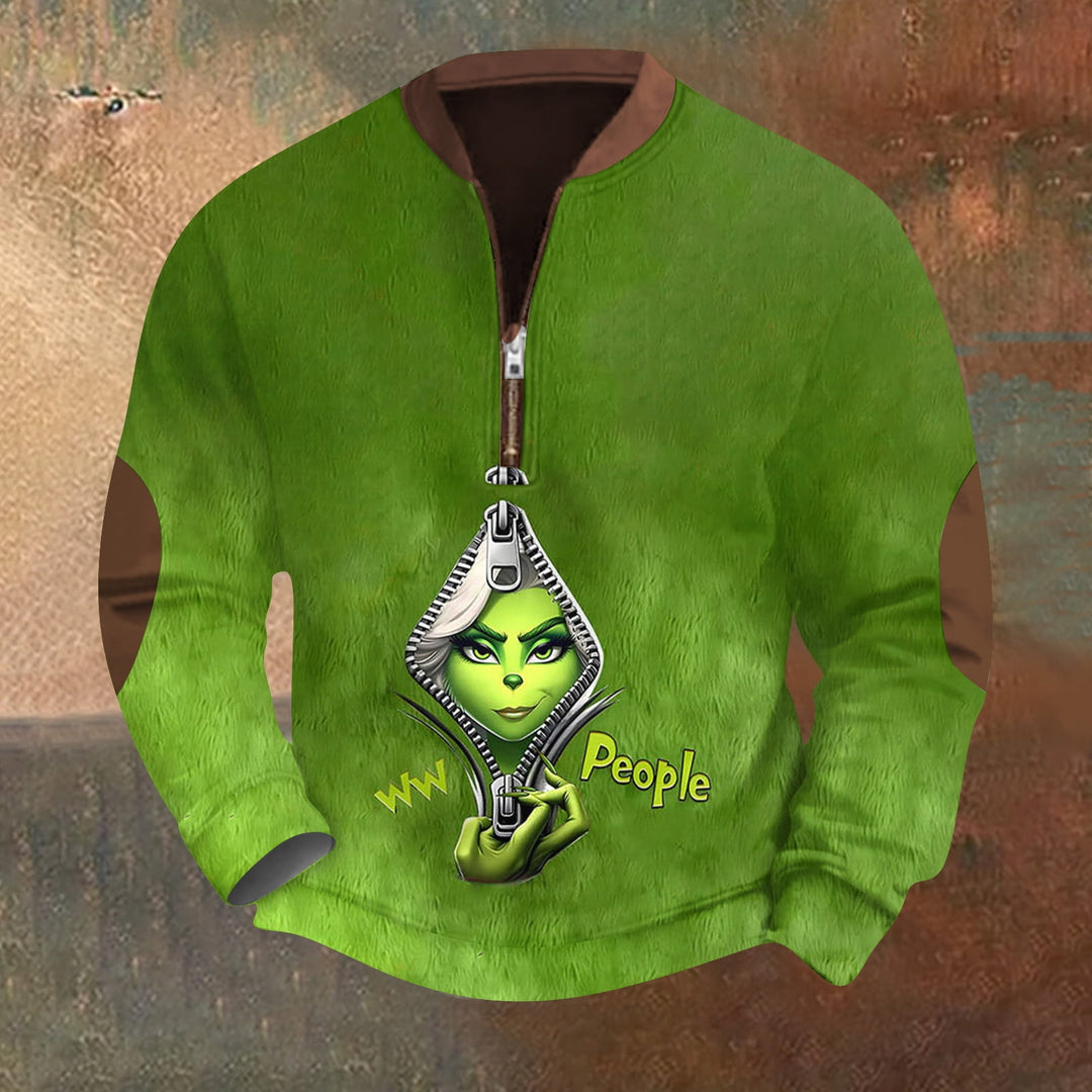 Men's Christmas Cartoon Green Monster Zipper Neck Casual Sweatshirt 2411013067