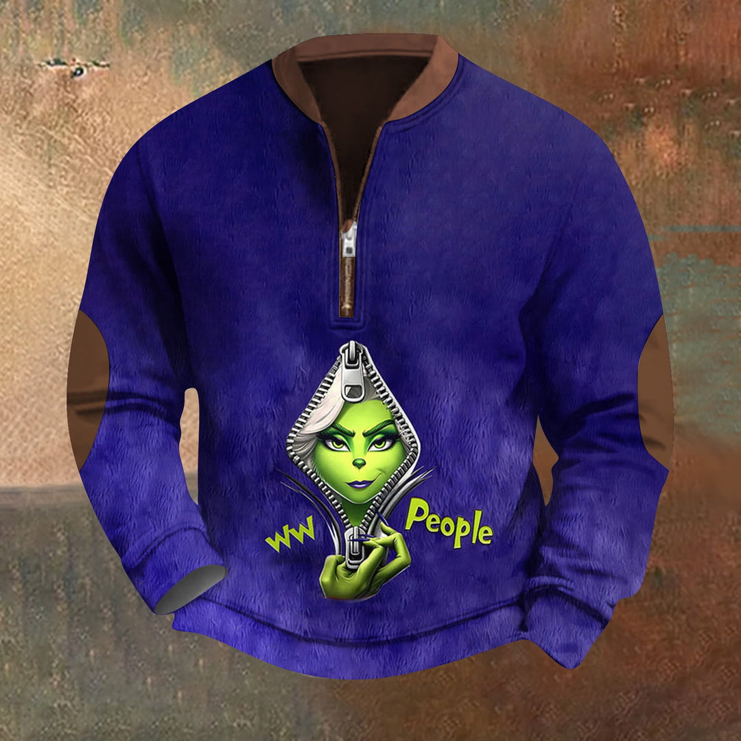 Men's Christmas Cartoon Green Monster Zipper Neck Casual Sweatshirt 2411013067