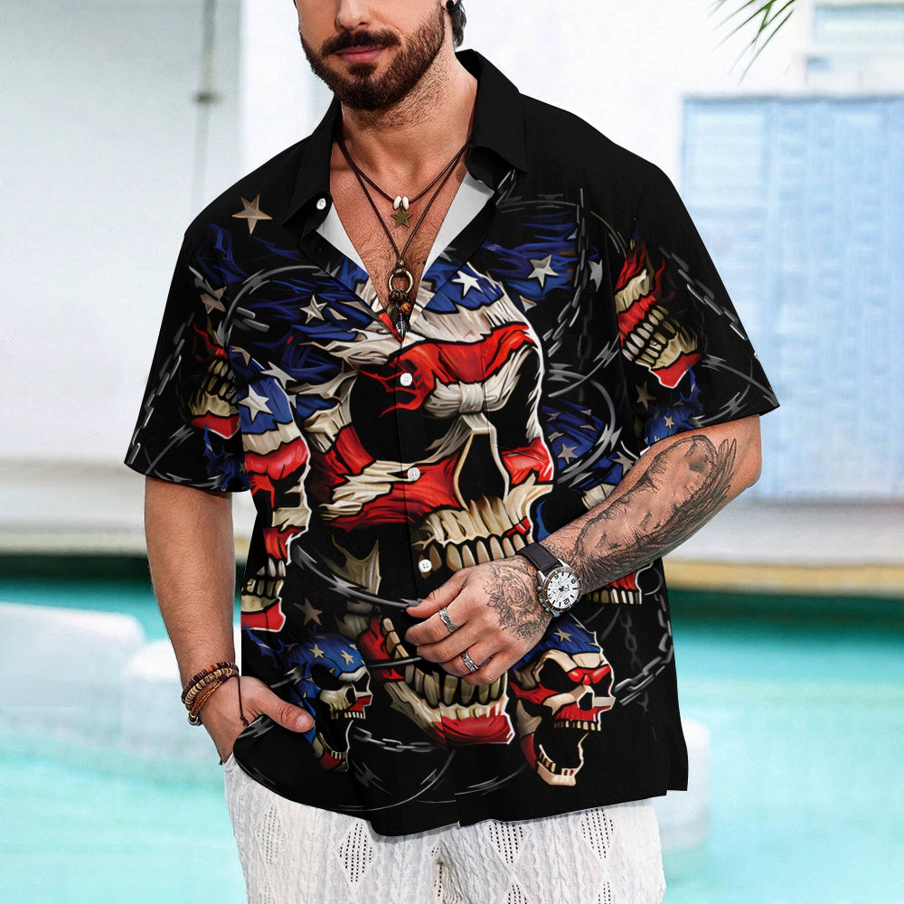 American Flag Skull And Chain Print Casual Short Sleeve Shirt 2408011139