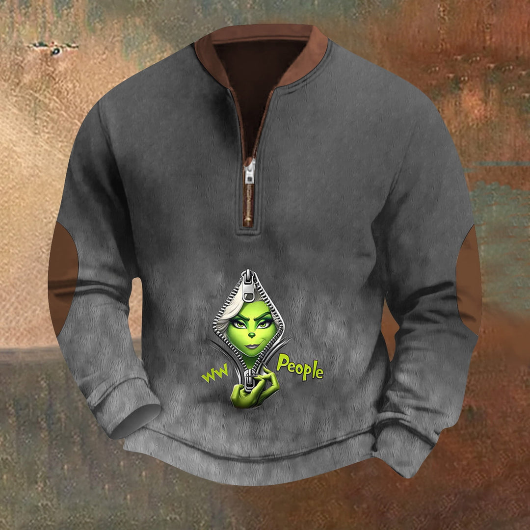 Men's Christmas Cartoon Green Monster Zipper Neck Casual Sweatshirt 2411013067