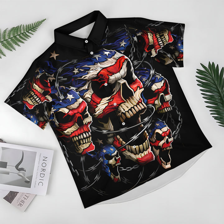 American Flag Skull And Chain Print Casual Short Sleeve Shirt 2408011139