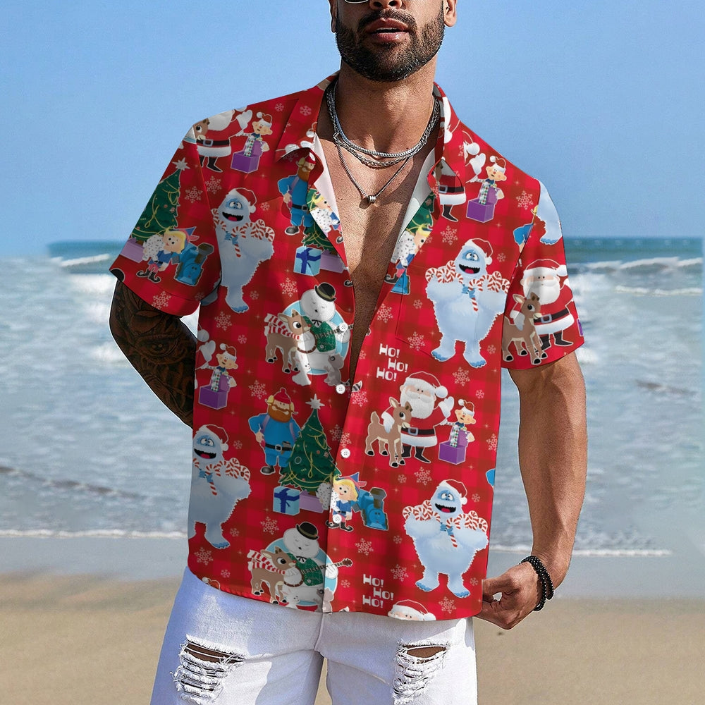 Christmas Holiday Red Men's Hawaiian Shirt Elk Cartoon Abominable Snow Monster Shirts 2311000185